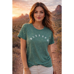 Wonderly Studio Blessed Green Speckled Tee Soft Casual Faith